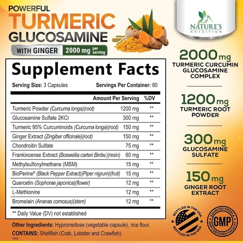Turmeric Curcumin Supplement 2000mg, with Glucosamine Chondroitin - Ginger & 95% - Picture 3 of 13
