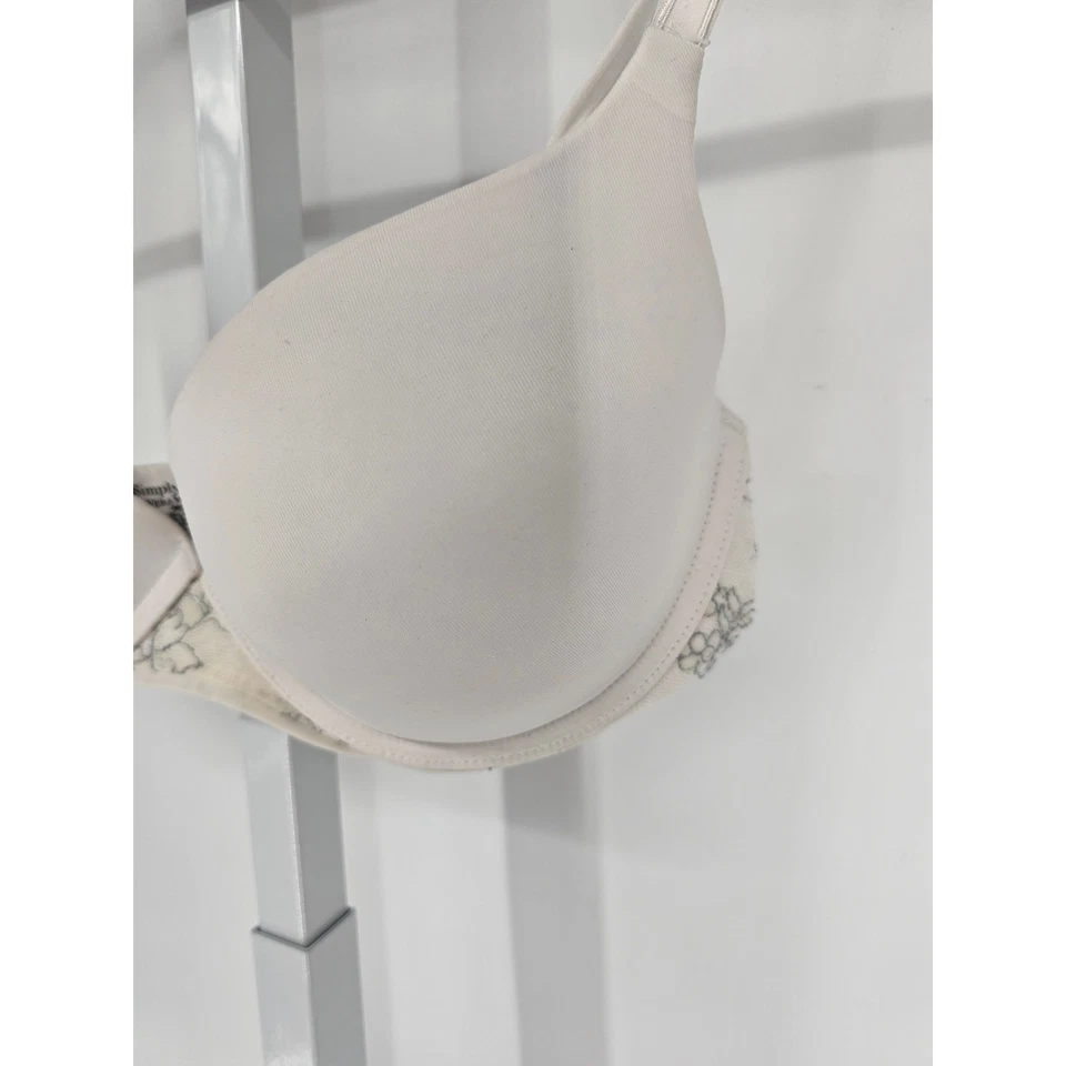 Simply Vera Wang Womens Sz 36D Classic T Shirt Bra White w/ Gray Floral Lace - Image 2 of 4
