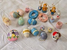 21 Vintage Wooden Mini Easter Tree Ornaments Eggs Bunnies Pom Pom Peeps Pin