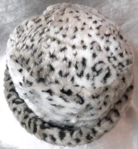 VTG Faux Fur Cuffed Pillbox Cloche/Bucket Hat Snow Leopard Animal Print One Size - Picture 5 of 12