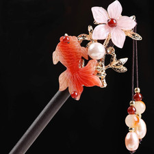 Wooden Hair Pins 7.08" Chinese Goldfish Flower Hair Sticks For Long Hair Buns fo