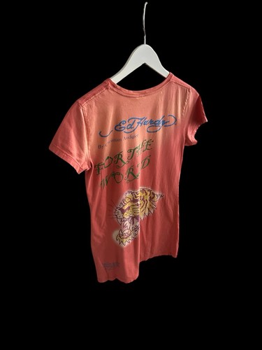 Deadstock Y2K 2000's Ed Hardy Pink Graphic Baby Tee Sz Large Tiger Rhinestones - Picture 8 of 10