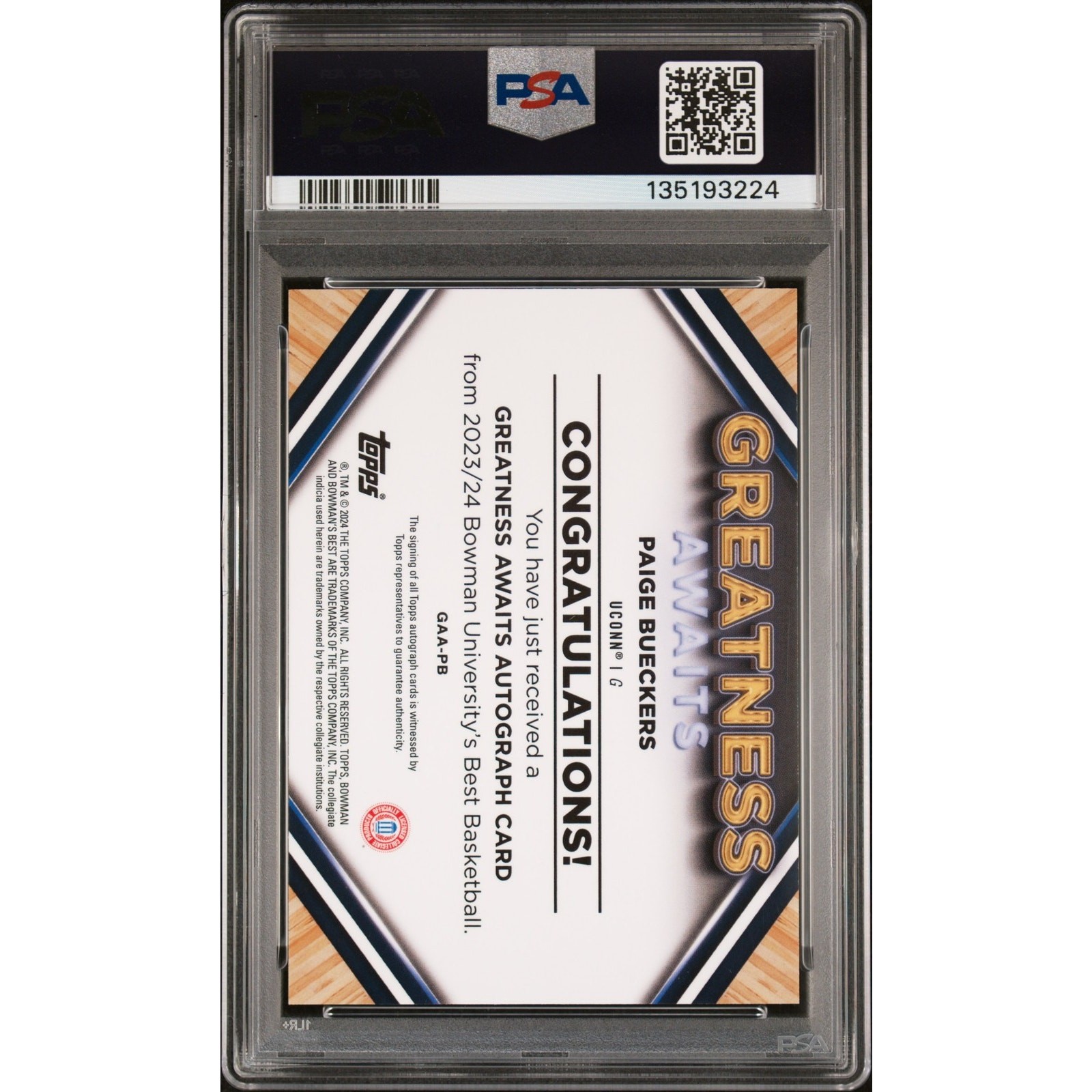 2023 Bowman U Best Paige Bueckers G/A Autographs Geo Gold Refractor PSA 9 /50 view 2