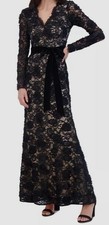 Eliza J Women's Black Lace Lined Floral Self Tie V-Neck Gown Wrap Dress Size 8