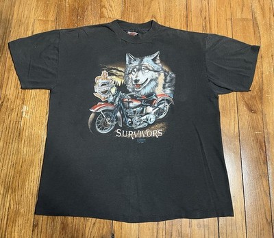 Vintage 1989 Harley Davidson 3D Emblem Survivors Wolf Motorcycle Graphic Shirt