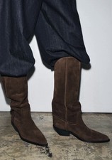 Zara Viral Brown Split Suede Heeled Cowboy Boots Size Uk 5 BNWT - RRP £119