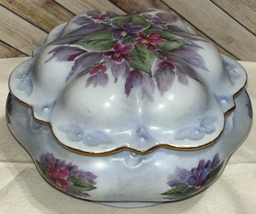 Vintage Hand Painted Pink & Purple Floral Trinket Dish With Lid 3” T By 5.5” W - Picture 2 of 24