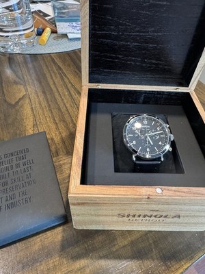 Shinola Canfield Sport Chronograph 45mm Quartz Black Dial Steel Bracelet Box