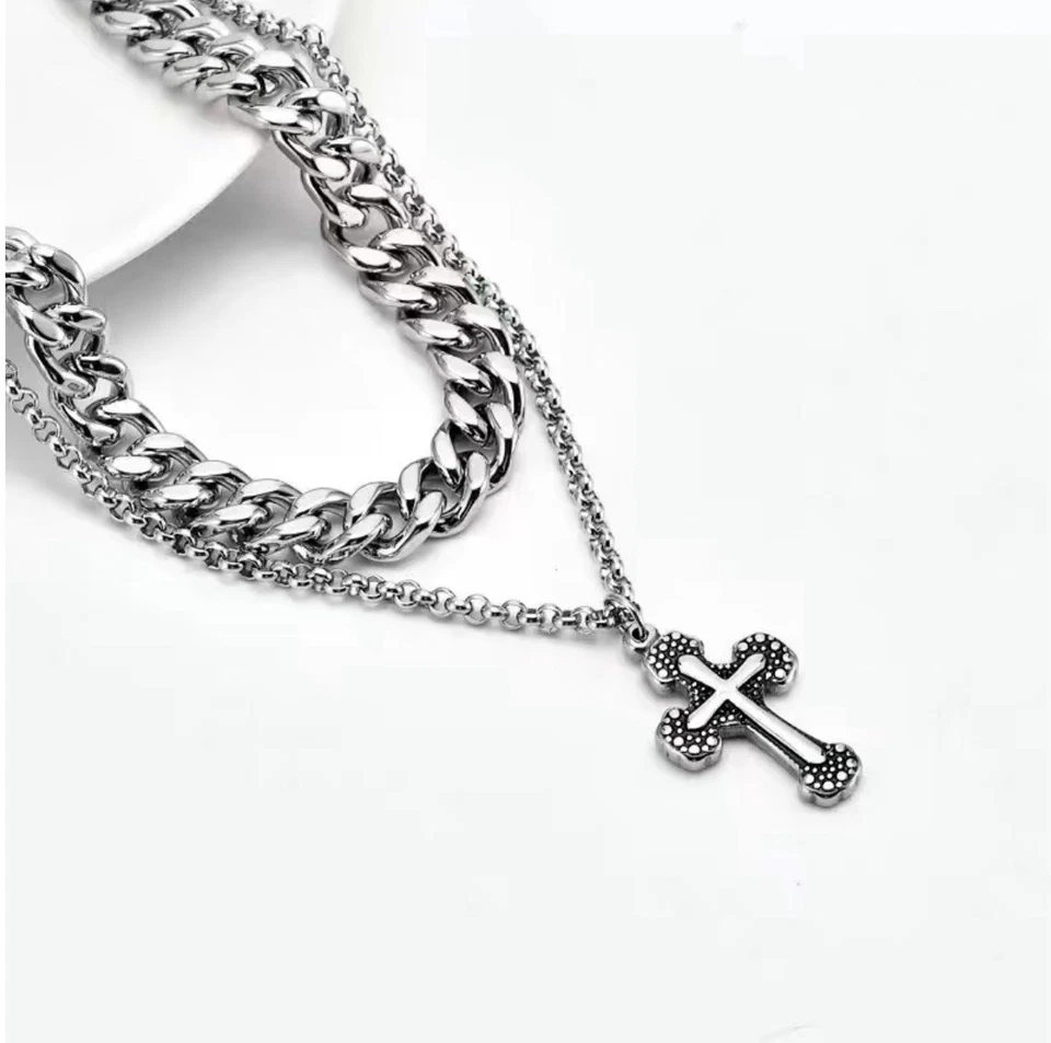 Nuevo collar cruzado de doble capa para hombre cadena de acero inoxidable hip hop unisex mujer Foto 3 de 4