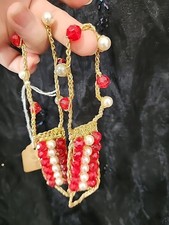 Vintage Barefoot Sandals Foot Jewelry Red Gold Pearls, Sz Sm-Md, Stretchy, EUC