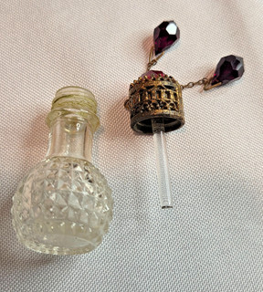 Vintage Irice Czech miniature perfume bottle with red jewel top and red beads