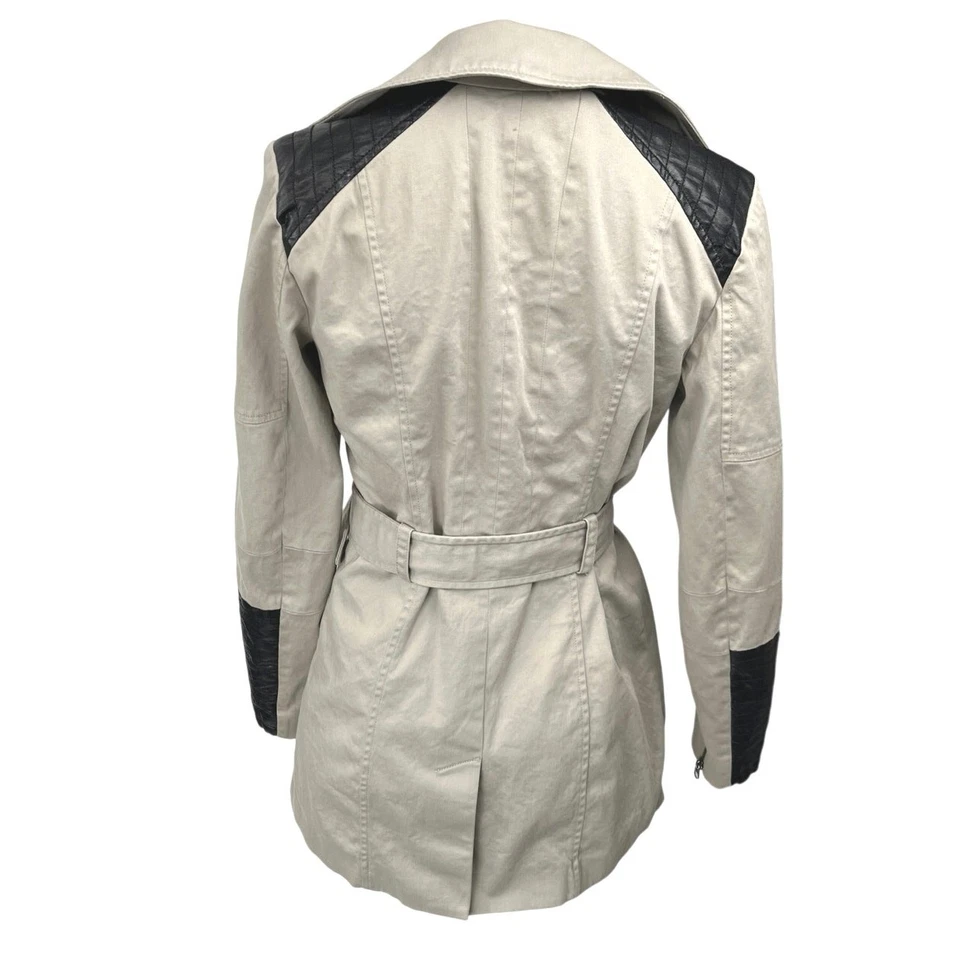 Guess Women's Tan Leather Trim Long Sleeve Zip Up Belted Trench Coat Jacket Sz S - Image 2 of 4