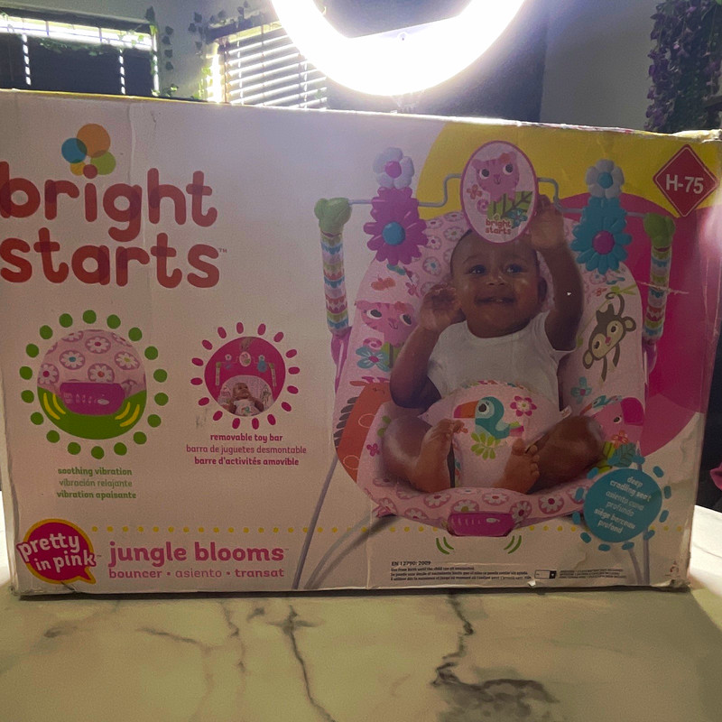 Bright Starts Jungle Blooms Baby Bouncer w/ Toy Bar, Vibration, Pink H-75