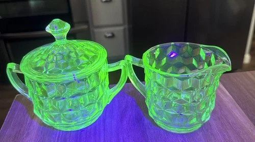 Vintage Green Uranium Depression Glass Creamer And Sugar Cube Set.