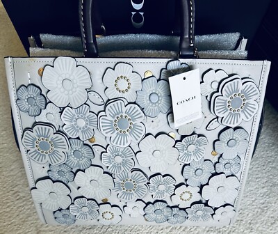 NWT COACH GRAY COLORBLOCK TEA ROSE APPLIQUÉ ROGUE C8520 CUSTOM