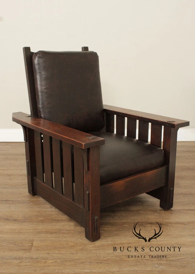 Gustav Stickley Antique Mission Oak and Leather Morris Chair - Image 2 of 4