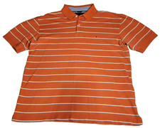 Tommy Hilfiger Mens Polo Shirt Sz XL Orange Striped Button-Up Short Sleeve Logo