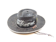 Vintage Childs Straw Woven Painted Black Cowboy Western Hat Horses and Wagon