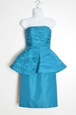 vintage 80s dress VICTOR COSTA teal peplum sculptural strapless cocktail XS