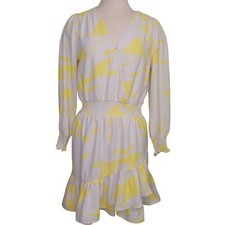 Vince Camuto Women's Yellow/White Abstract Print Smocked Ruffled Dress Size PM