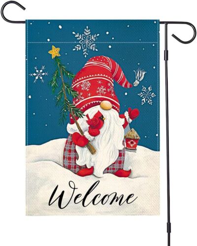 Welcome Winter Gnome Snowflakes Garden Flag 12x18,Double Sided Burlap Yard Decor