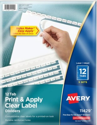 AVE11429Avery 12-Tab Binder Div Easy Print & Apply Clr Label Strip, Index Maker 