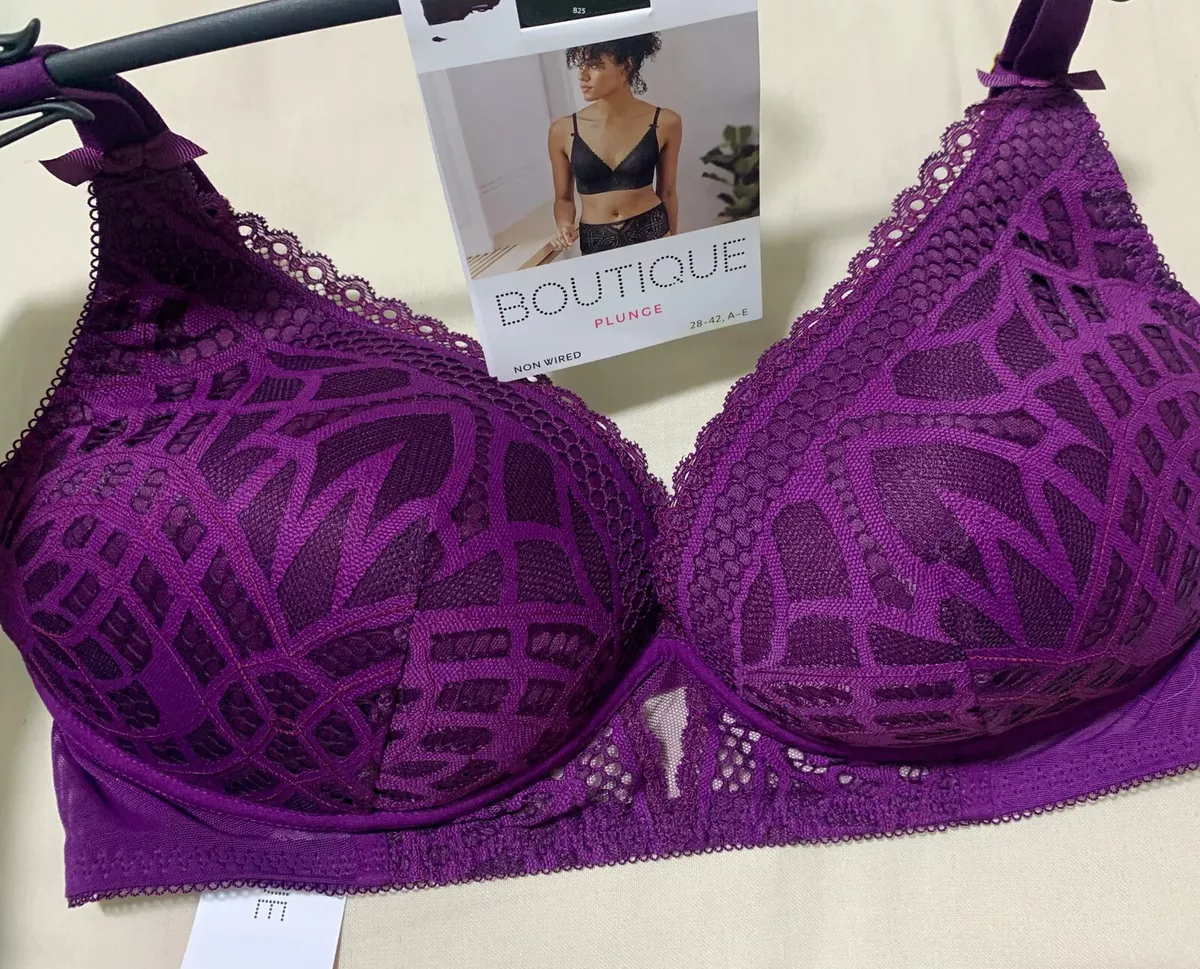 M&S BOUTIQUE JOY LACE NON WIRED, PADDED PLUNGE BRA In DEEP MAUVE Size 32C