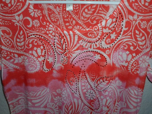 Dressbarn Womens small PolyESTER ORANGE/WHITE Floral & Paisley Rhinestone Blouse - Picture 5 of 12