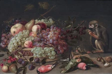 oil painting handpainted on canvas "Still life of fruit, dead birds and a monke"
