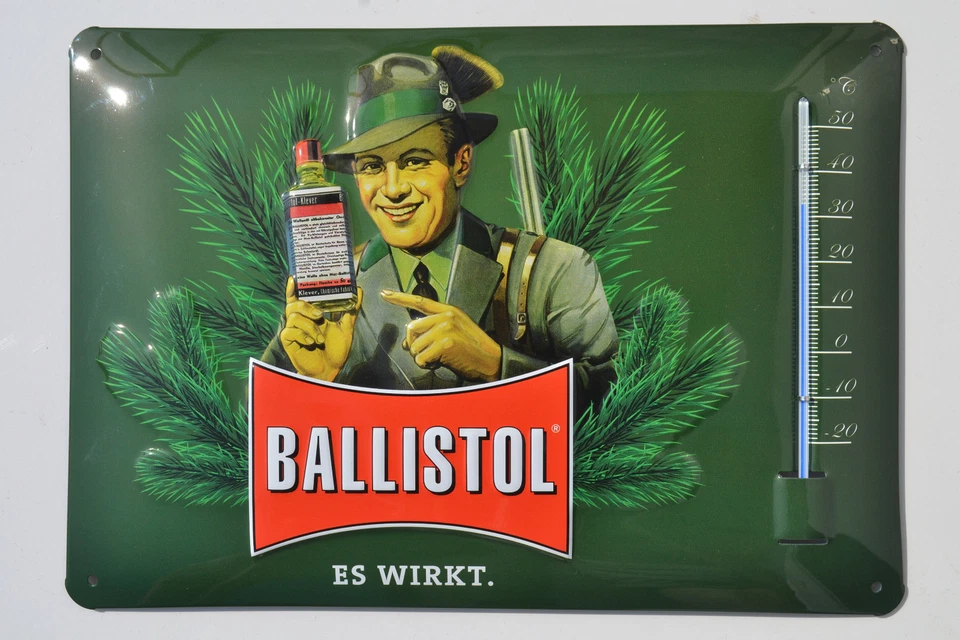 Ballistol Nostalgie Blechschild 3D Motiv Jäger mit Thermometer Größe 270 x 190mm