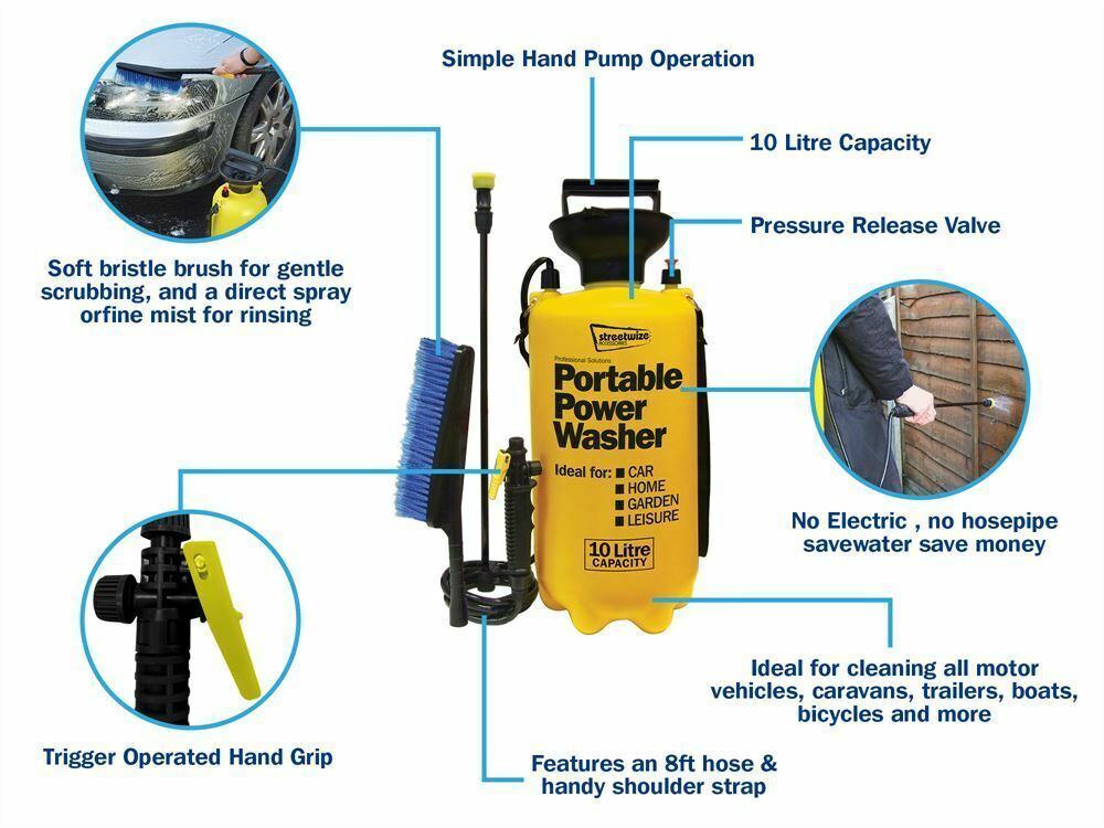 10L Portable Pressure Washer Power Pump Car Jet Wash Brush Hose Lance