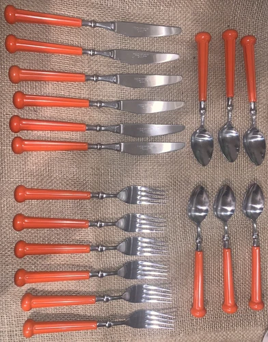 VTG ‘73 Oxford Hall 18 Pc Stainless Flatware 6 Knives Forks Spoons Orange Handle