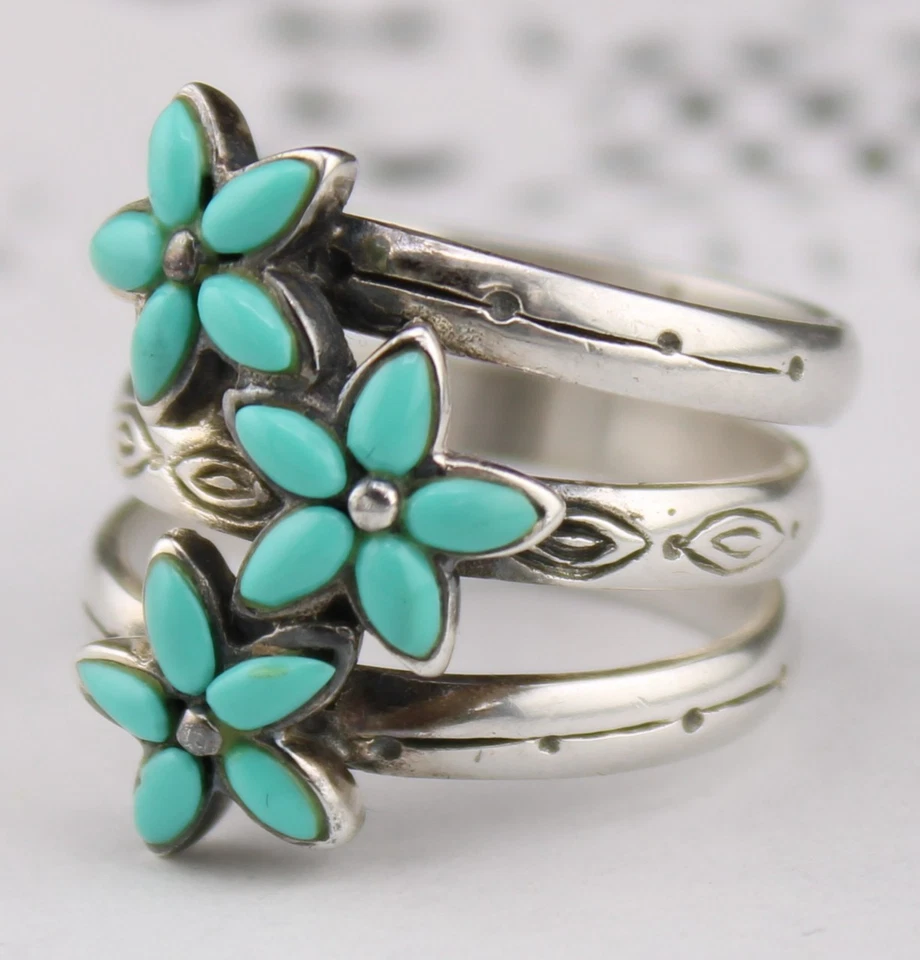 Vintage CFJ Collins Sterling Silver Turquoise Flower Stamped Cigar Band Ring sz8 - Image 3 of 4