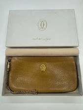 Cartier Must de Cartier Leather Pouch Gold Logo Brown with Box & Chain Used