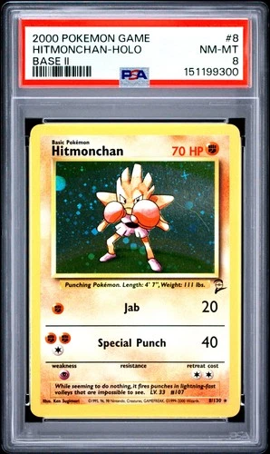 2000 POKEMON BASE SET 2 #8 HITMONCHAN-HOLO PSA 8