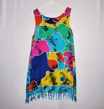 Vtg 90s Artsy Mini Dress S/M Multicolor Fringe Tassel Hem Beach Coastal Hippie