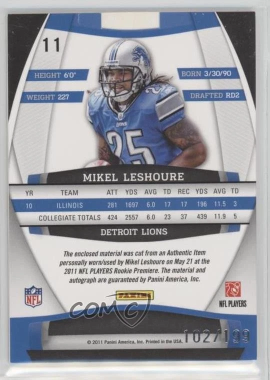 2011 Gridiron Gear Rookie Gems Jumbo Signatures /199 Mikel Leshoure #11 Auto RC - Image 2 of 2