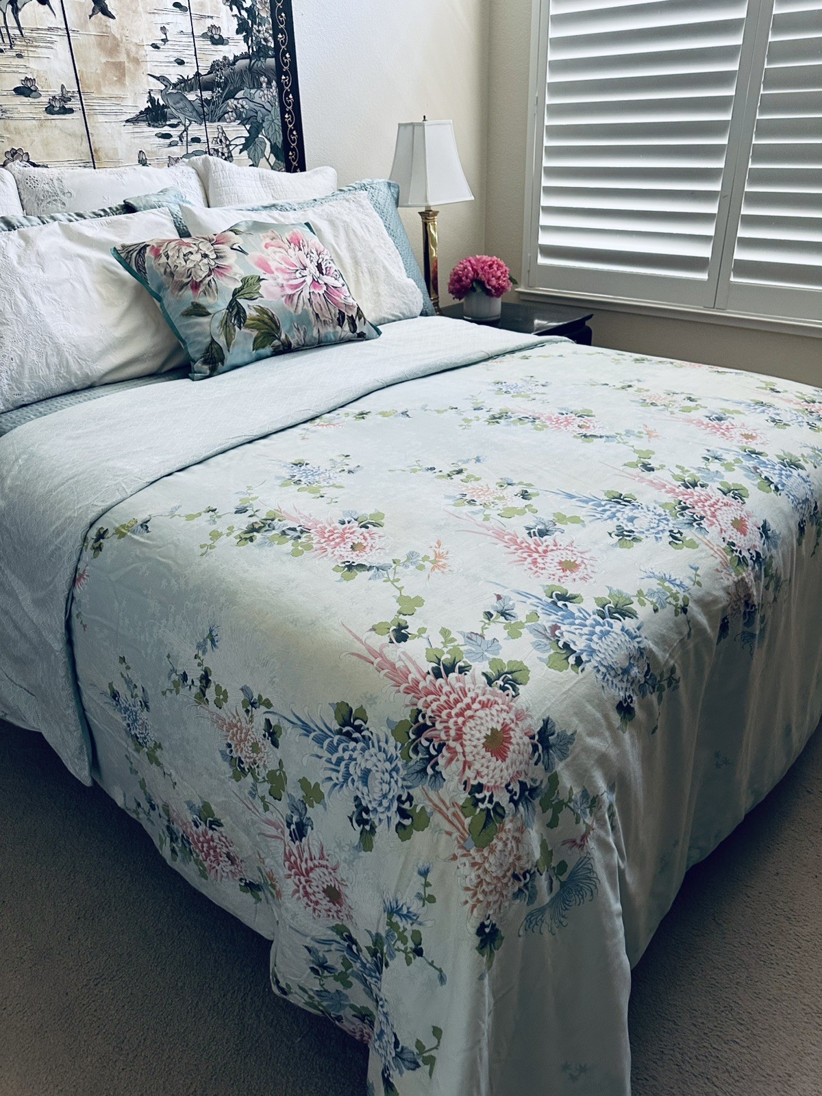 Vintage Cotton Sateen Queen Shanghai Duvet Cover Aqua Zen Asian Floral NWOT