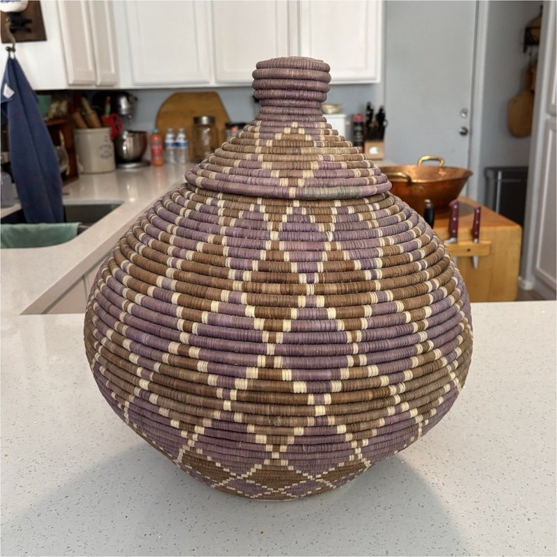 Handmade African Lidded Woven Basket Geometric Pattern Brown Purple Large