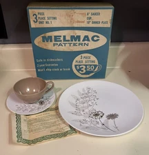 Vintage 3 Piece Set Melmac Beige Floral Dinner Plate Cup Saucer W/authenticity