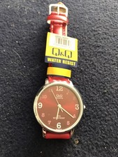 Q Q Women's Round Red Analog Watch Japan Citizen Quartz Leather qz01j315y