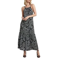 NEW ~ L ~ $109 MAXI DRESS ~ H HALSTON ~ LIGHTWEIGHT black Leaf Leaves TRAVEL