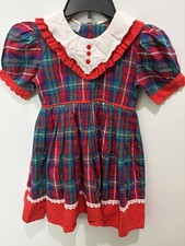Vintage Girls Plaid Dress Red Green Blue Lace Collar Puff Sleeve Holiday