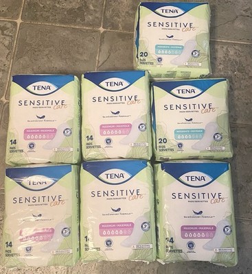 Lot of 7 Tena Sensitive Care Pads,5  #5 Maximum 14 Ct ,2 #4 20ct, Total 110ct