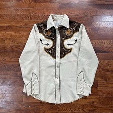 Vintage 70s H Bar C Ranchwear Pearl Snap Western Shirt Cream Womens Large