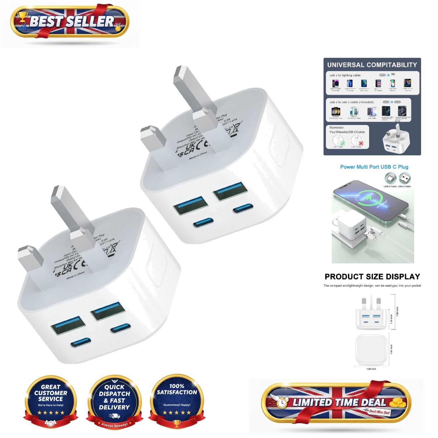 2-Pack USB C Charger Plugs - 40W Fast Charging 4-Port Multi USB Plug for iPhone