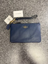 NWT Coach 22952 Deep Blue Polished Pebbled Leather Zippered Wristlet Wallet NEW