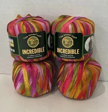 LION BRAND "INCREDIBLE" #207 Purple Party (4) Skeins Nylon Ribbon Yarn 89651