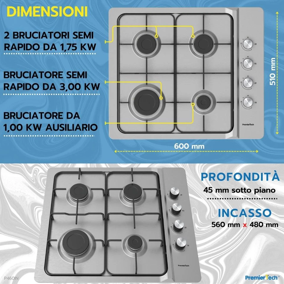 PremierTech Piano Cottura a Gas 60cm, 4 Fuochi, da Incasso, Metano e Gpl, P460IN - Immagine 3 di 4