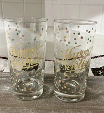 Two 6” Happy New Year’s Glasses Bar Glassware  Vintage 90s Libbey Confetti